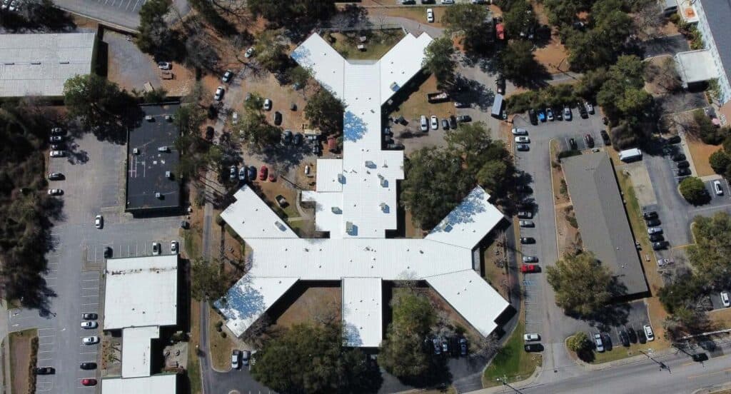 commercial building roof layout aerial view for roof coating project