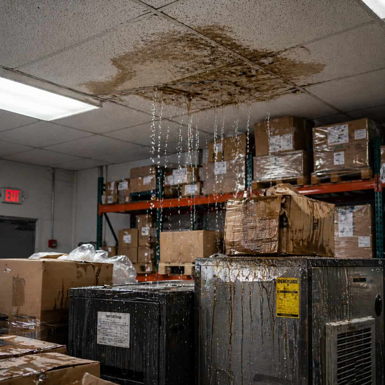 commercial roof leak causing interior warehouse damage