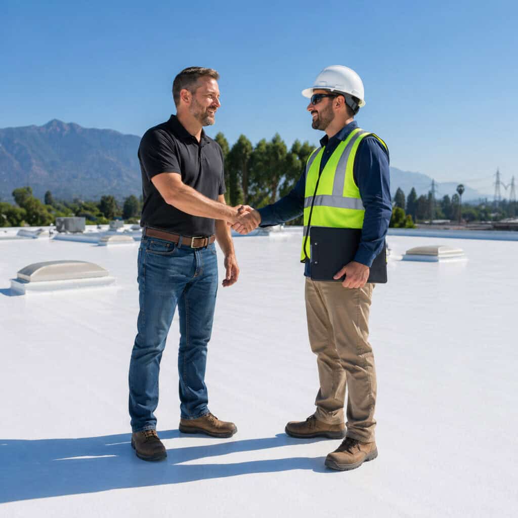 commercial metal roof coating application on large building