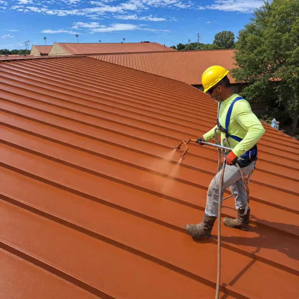 commercial metal roof coating application on large building