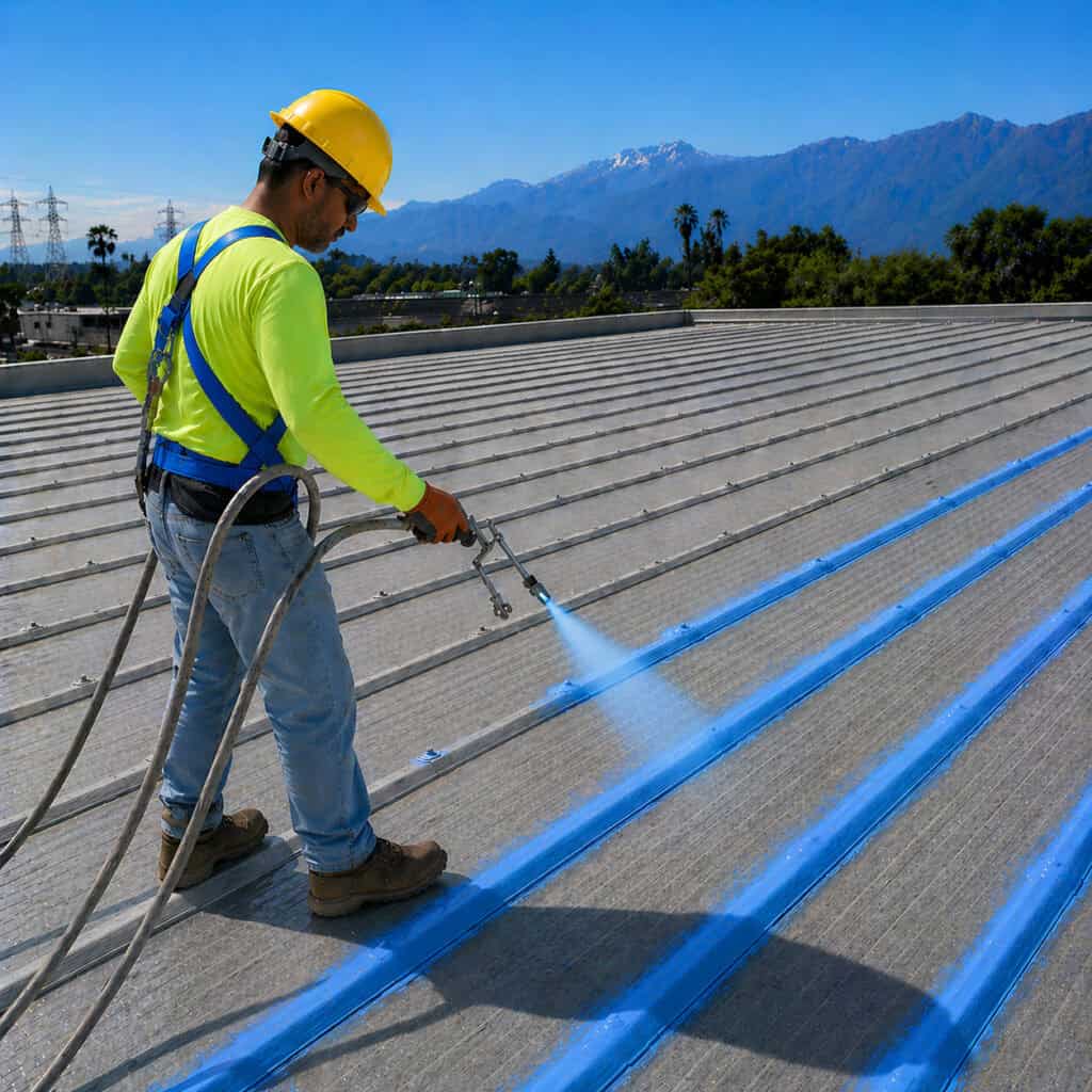 metal roof seam coating application on commercial building