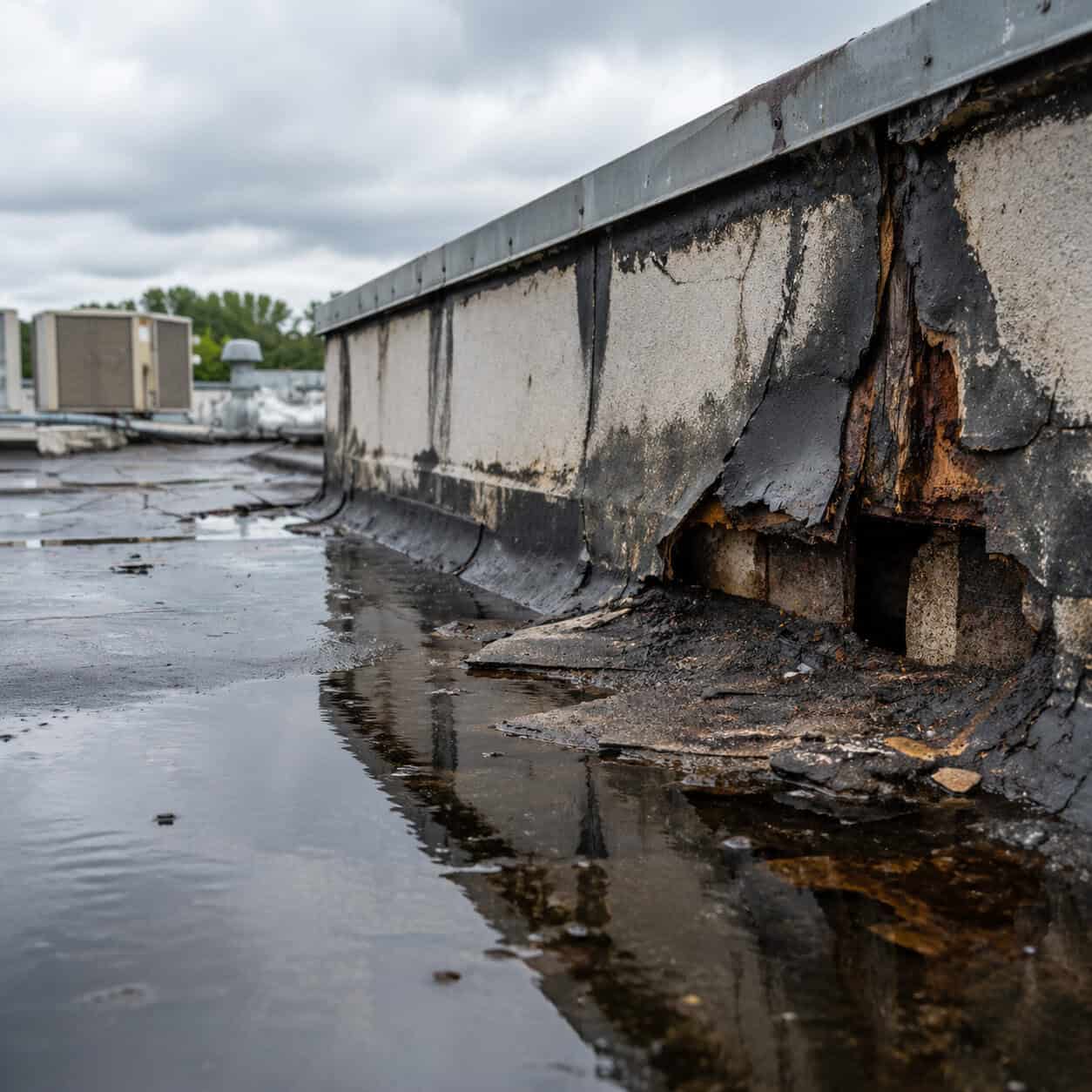 commercial roof edge damage and leak deterioration