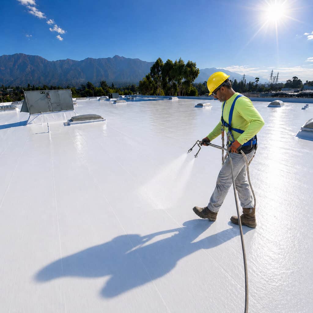 commercial roof coating being applied to flat roof to prevent leaks